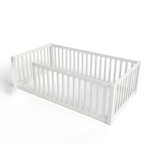 English Elm Twin Floor Bed Pine Wood Frame with Guardrails and Door for Safe Toddler Sleep W1580P417668
