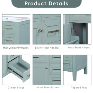 English Elm 30" Modern Bathroom Vanity with Sink Combo — Solid Rubberwood & MDF, 3 Drawers, Freestanding Contemporary Design Green N725P246482F