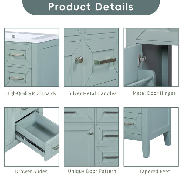 English Elm 30" Modern Bathroom Vanity with Sink Combo — Solid Rubberwood & MDF, 3 Drawers, Freestanding Contemporary Design Green N725P246482F
