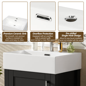 English Elm 20.28'' 20.28" Modern Bathroom Vanity with Ceramic Sink, Solid Wood Frame, Soft-Close Drawer & Cabinet - Space-Saving Design Black N729P277755B