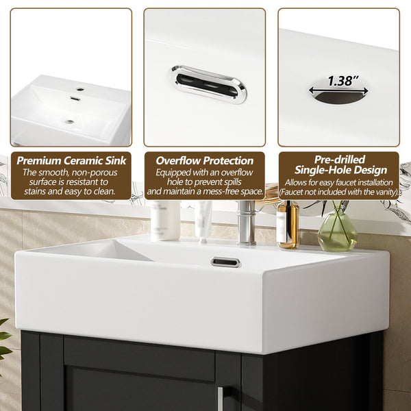 English Elm 20.28'' 20.28" Modern Bathroom Vanity with Ceramic Sink, Solid Wood Frame, Soft-Close Drawer & Cabinet - Space-Saving Design Black N729P277755B