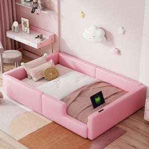 English Elm Twin Upholstered Platform Bed with Guardrail and Built-In Charging Station, Modern Sleek Design for Small Spaces Pink N709P186347H