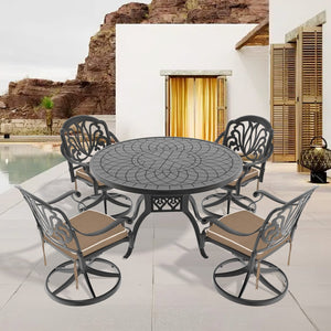 English Elm 5-Piece All-Weather Cast Aluminum Dining Set With 4 Swivel Chairs & Cushions For Ultimate Comfort W1710S00443