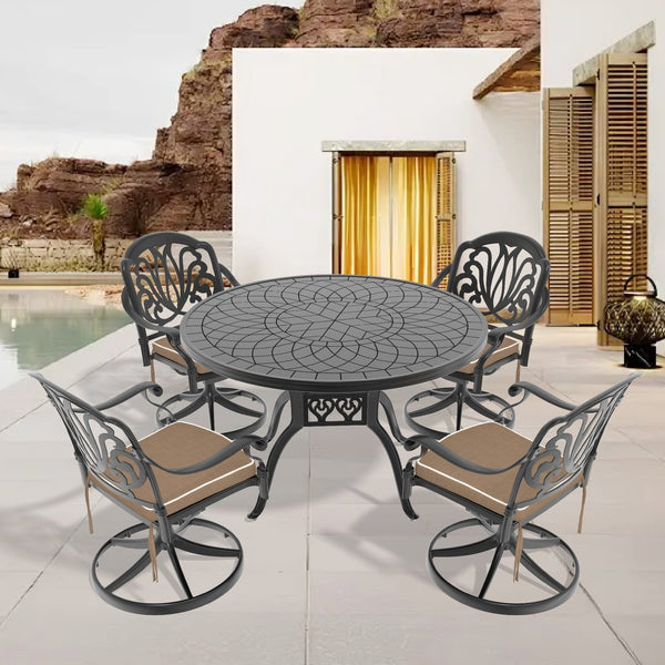 English Elm 5-Piece All-Weather Cast Aluminum Dining Set With 4 Swivel Chairs & Cushions For Ultimate Comfort W1710S00443