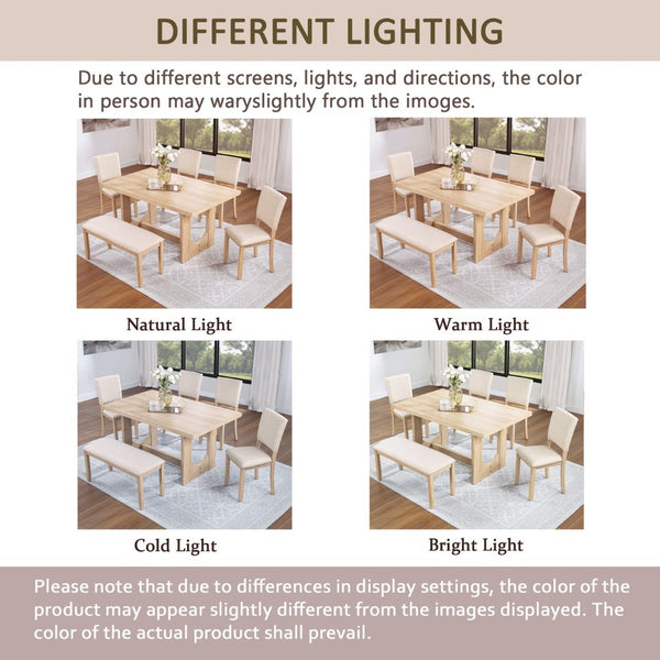 English Elm 6 Piece Light Oak Dining Set with Bench Upholstered Linen Chairs U-shaped Base W1998S00094
