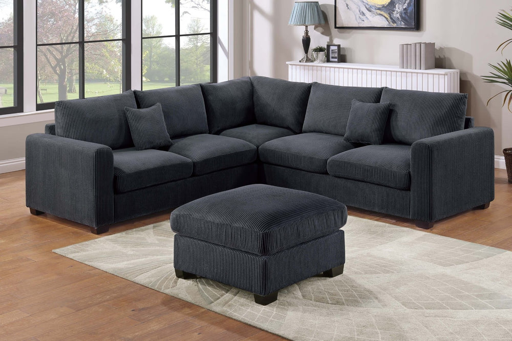 English Elm 4pc Corduroy Sectional Sofa Set with Ottoman Corner Wedge and Low-profile Modern Legs Black B011S02227