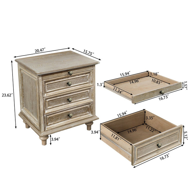 English Elm Farmhouse Nightstand Pine Wood Four Drawer Storage with Pull Out Tray Gourd Legs Natural+White W1716P399643