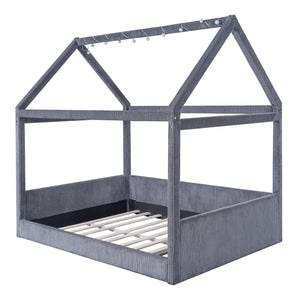 English Elm Full Size Upholstered House Daybed With Led Light Strips, Cozy Grey Corduroy For Stylish Spaces N7500001335E