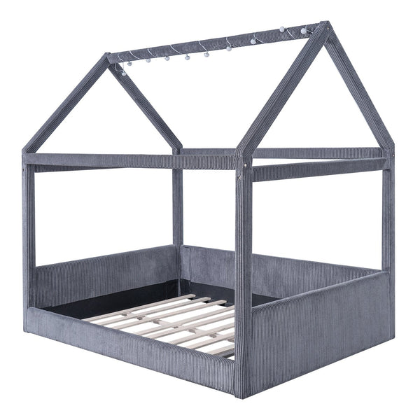 English Elm Full Size Upholstered House Daybed With Led Light Strips, Cozy Grey Corduroy For Stylish Spaces N7500001335E