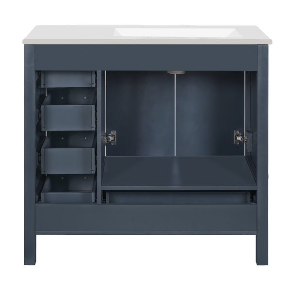 English Elm 36" Blue Bathroom Vanity with Ceramic Sink, 5 Drawers & Soft-Close Doors, Solid Wood Modern Storage N729P183735C