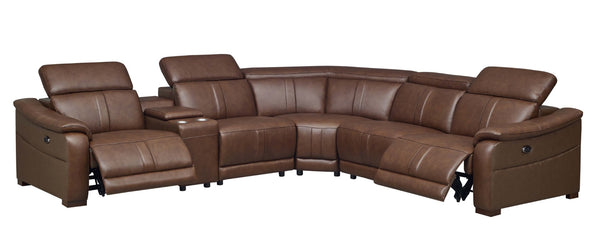 English Elm Leather Match Power Reclining Sectional with Storage Console and Adjustable Headrests Dark Brown B2748S00037