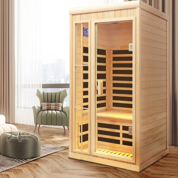 English Elm Deluxe Hemlock Far Infrared Sauna with Led Lighting Bluetooth Audio and Glass Door W632S00009