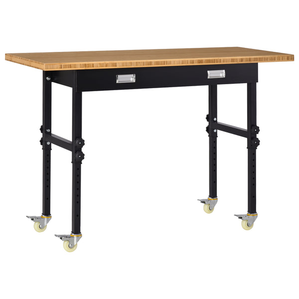 English Elm HOMCOM 59" Work Bench with Bamboo Top, Height Adjustable 10-Setting Mobile Workstation 1320lb W2225P217940