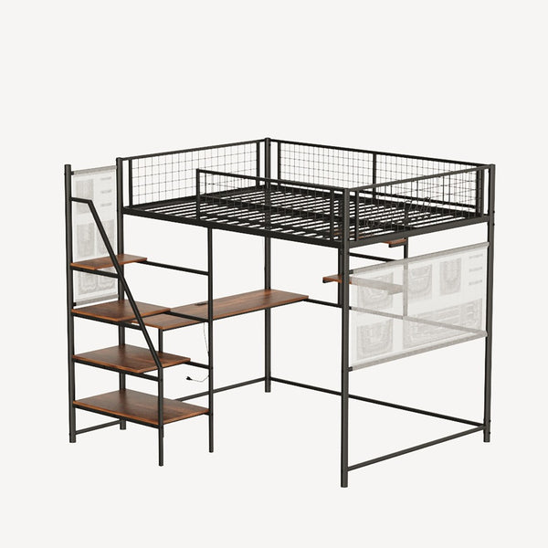 English Elm Black Metal Loft Bed with Built-in Desk Rgb Led Lighting and Charging Station Black W1671S00006