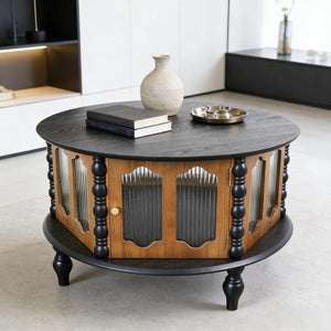 English Elm 31.5-inch Round Carved Wood Coffee Table Vintage Distressed Finish Living Room Accent W3935P406106
