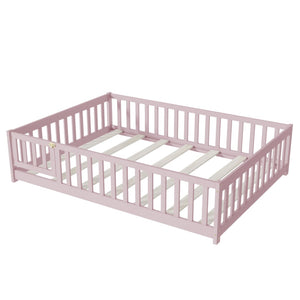 English Elm Twin Solid Rubberwood Floor Bed with Full Perimeter Safety Rails for Toddler Rooms Pink W504P296791