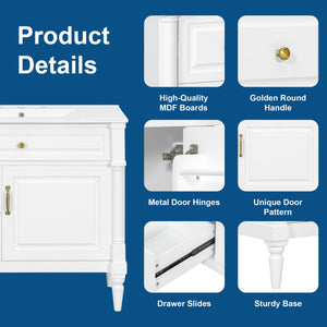 English Elm 36" Bathroom Vanity With Ceramic Sink, Durable Rubberwood Frame, Smart Storage & Modern Design N725P356064K