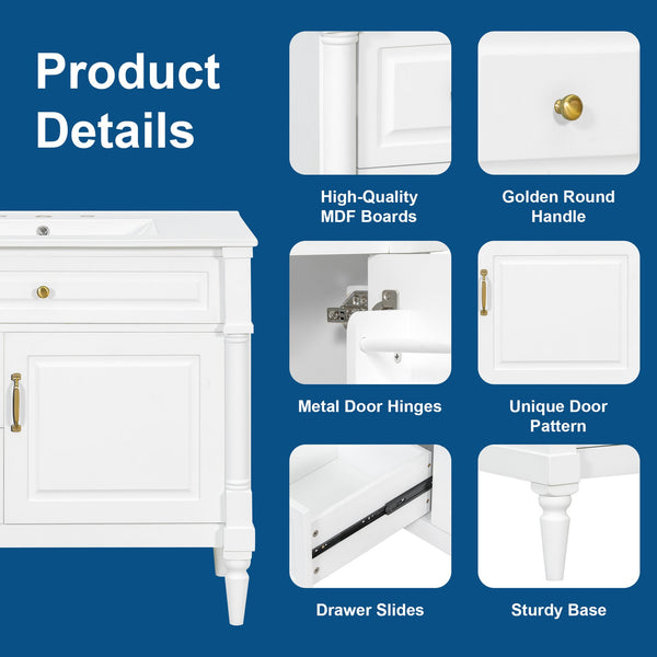 English Elm 36" Bathroom Vanity With Ceramic Sink, Durable Rubberwood Frame, Smart Storage & Modern Design N725P356064K