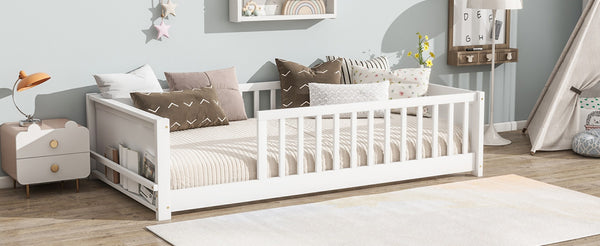 English Elm Twin Floor Platform Bed With Built-In Book Rack, Safe Low Profile Design For Cozy Kids' Rooms! W504P345765-GIGA