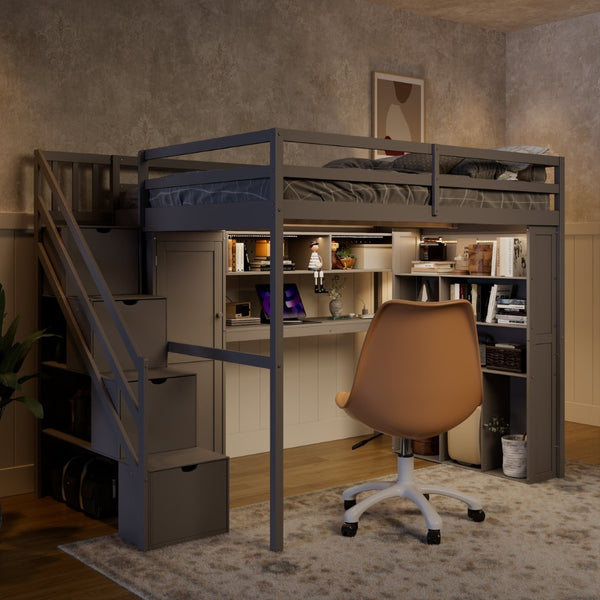 English Elm Full Loft Bed with Integrated Wardrobe Desk Shelving and Led Lighting for Teen Rooms Grey LT000927AAE