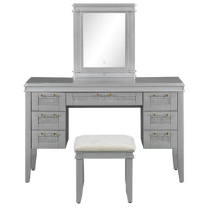 English Elm 48" Makeup Vanity Desk with Led Mirror Bamboo Weave Drawers Cushioned Stool Bedroom Grayish Blue N704P337484E
