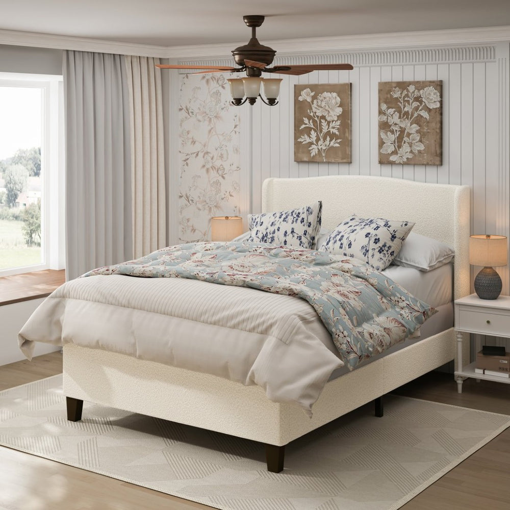 English Elm Queen Platform Bed Teddy Velvet Upholstered Tall Headboard Solid Wood Legs Modern W1716P335671