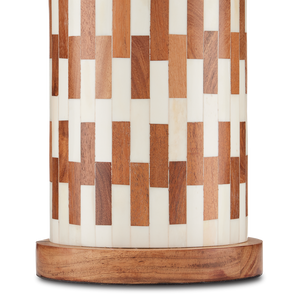 Tia Table Lamp - Elegant White Bone & Wood Design with Natural Linen Shade, Antique Brass Finish