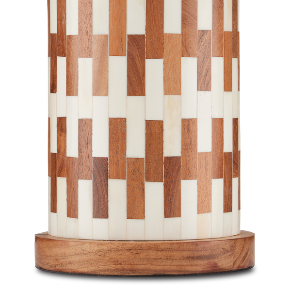 Tia Table Lamp - Elegant White Bone & Wood Design with Natural Linen Shade, Antique Brass Finish
