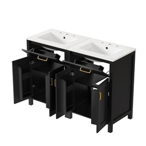 English Elm Modern 48 Inch Freestanding Bathroom Vanity Dual Ceramic Sinks Soft Close Gold Handles Black N729P000008B