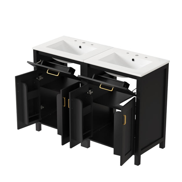 English Elm Modern 48 Inch Freestanding Bathroom Vanity Dual Ceramic Sinks Soft Close Gold Handles Black N729P000008B