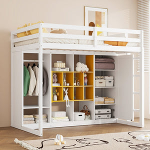 English Elm Twin Loft Bed with Wardrobe Shelves and Cabinet Kids Bedroom Wood Storage Frame Yellow+White N708S00023K
