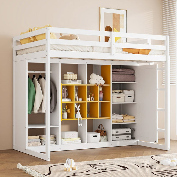 English Elm Twin Loft Bed with Wardrobe Shelves and Cabinet Kids Bedroom Wood Storage Frame Yellow+White N708S00023K