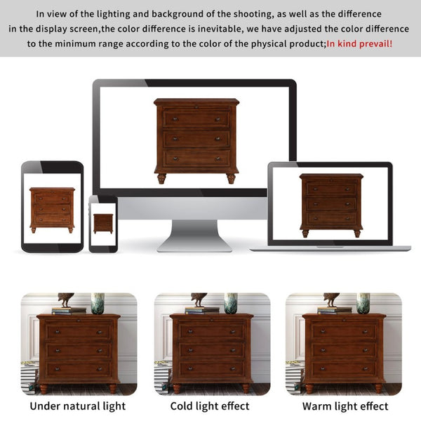 English Elm U_style Minimalist 3 Drawer Nightstand with Pull Out Tray Rubberwood Legs Bedroom Storage Brown WF319367AAD