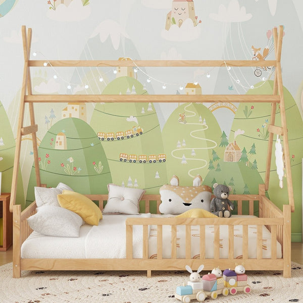 English Elm Full House Kids House Bed with Roof & Fence, Low Floor Solid Pine Frame, Stylish Nightlight Ready Natural 80.91 L x 15.55 W x 6.5 H W2593P296922
