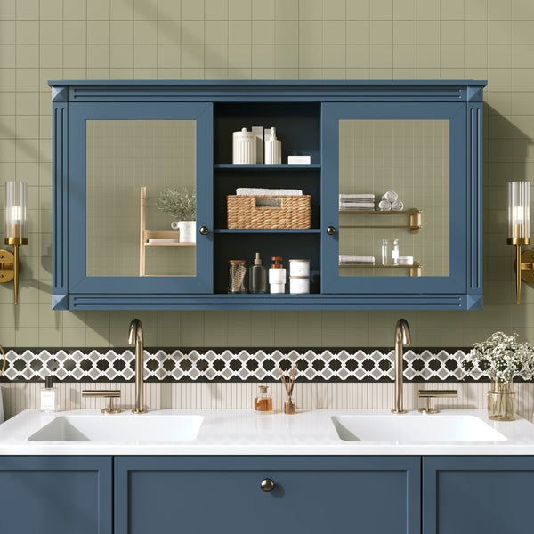 English Elm 55 Inch Wall Mount Medicine Cabinet Dual Mirrored Doors Soft Close Bathroom Vanity Storage Blue N710P401342C
