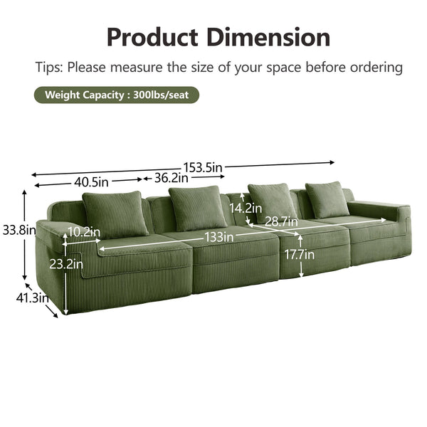 English Elm Modular 4-Seat Boneless Sofa - Cloud Sectional Couch With Plush Corduroy & Customizable Comfort W3041S00334