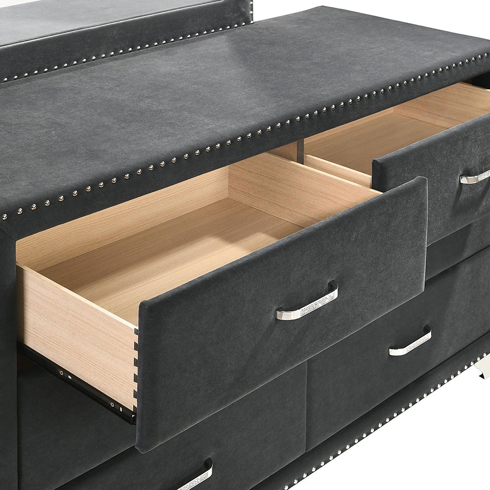 English Elm Kennedy Jeweled Grey Upholstered 6-Drawer Dresser with Chrome Nailheads — Modern Glam Storage Elegance B062P378339