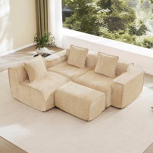 English Elm Streamlined Velvet L-shaped Sectional Sofa with Ottoman and Cloud Cushion Living Room Light Camel W3041S00352