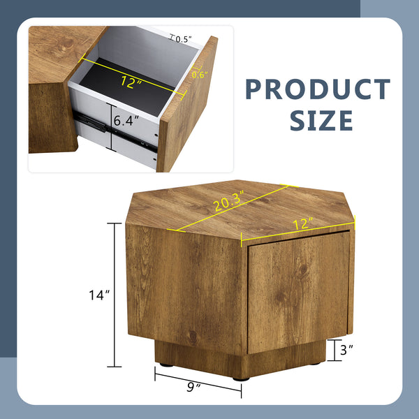 English Elm Simple Hexagonal MDF Coffee Table with Drawer, Wood Texture, Stable Anti-Slip Base, Easy Assembly, Stylish Nightstand Alternative W1151P264015