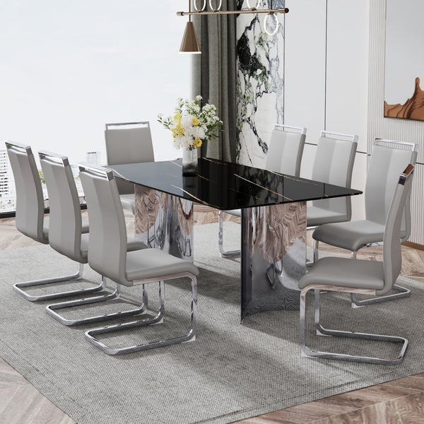 English Elm Table Set With 8 Light Gray Pu Chairs & Stunning Black Marble-Pattern Glass Top, Silver Legs W1151S02606-GIGA