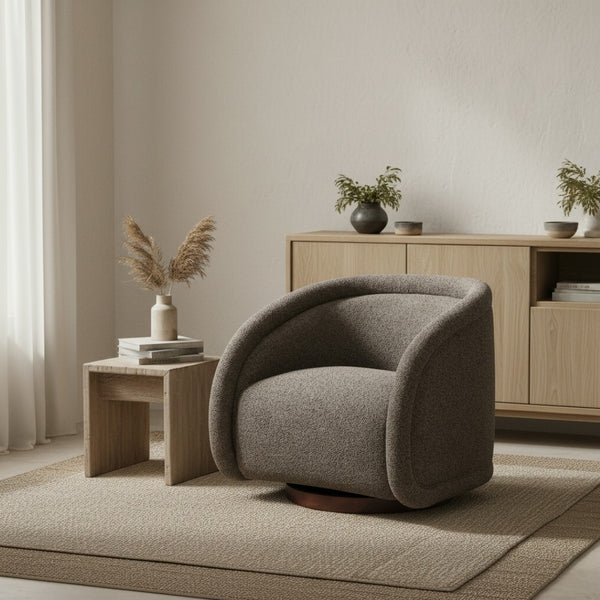 English Elm Sabbo Bouclé Swivel Accent Chair Walnut Wood Base Cozy Reading Nook Seating N767P388923M