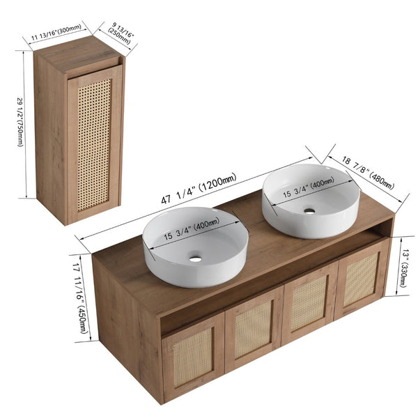 English Elm 48" Floating Bathroom Vanity Oak Finish Dual Ceramic Sinks Four Soft Close Doors W999S00498