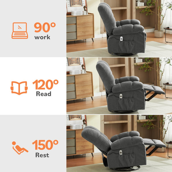 English Elm Massage Swivel Recliner Oversized Chair with Heating Nodes and Usb Port for Living Room Gray W1521P352671