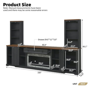 English Elm 3-piece Farmhouse Entertainment Center with Curved Cabinets Walnut Mdf Modular Living Room Black N721S000068B