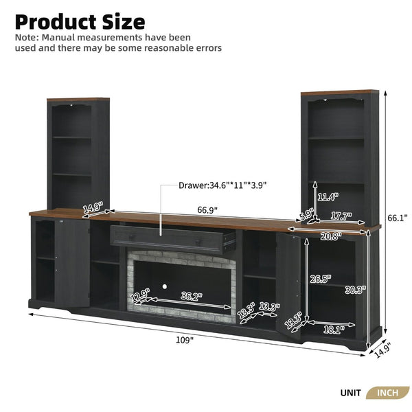 English Elm 3-piece Farmhouse Entertainment Center with Curved Cabinets Walnut Mdf Modular Living Room Black N721S000068B