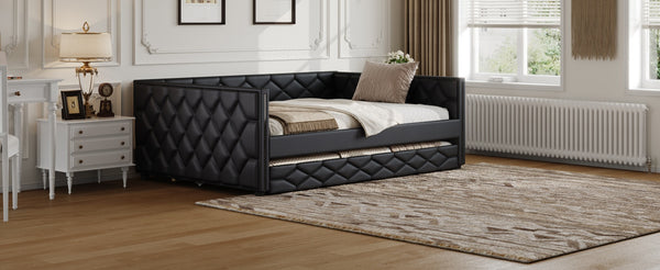 English Elm Full XL Upholstered Daybed with Trundle and Built-In LED Lighting, Tufted Arms, Solid Wood Frame Black N7090000611B