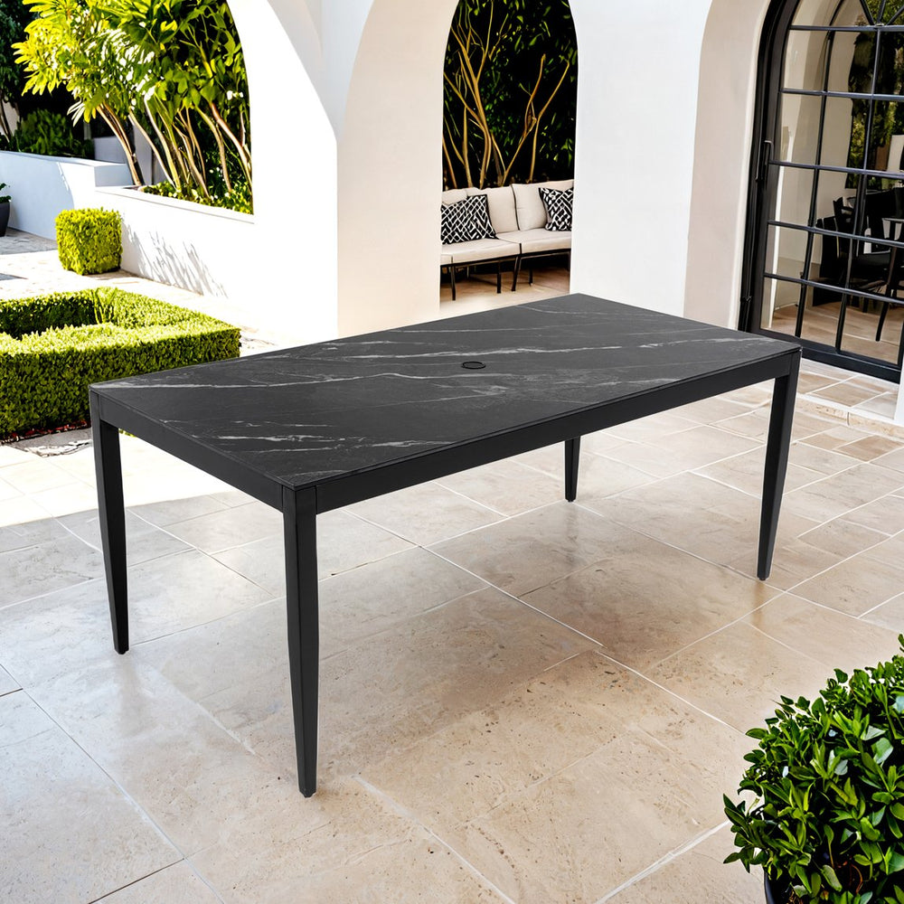 English Elm Outdoor Modern Patio Dining Table 35.5"x71" with Sintered Stone Top, Tapered Legs, Weatherproof Elegance Black Marble-Look Sintered Stone,Ember Black Frame W1886P272392