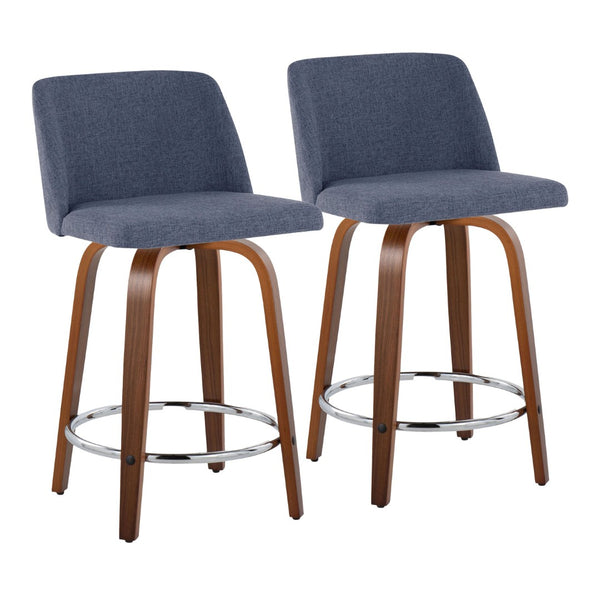 English Elm Toriano 24" Mid-Century Modern Counter Stool Set Of 2 – Swivel Blue Fabric With Walnut Legs & Chrome Footrest B202S00102-GIGA