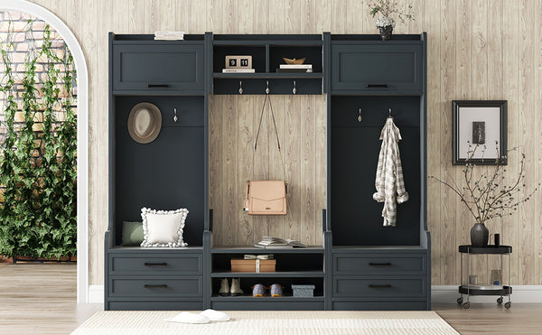 English Elm 4-in-1 Hall Tree with Bench, 7 Hooks, 2 Cabinets & 4 Drawers for Entryway Storage and Seating Antique Blue W1580S00091