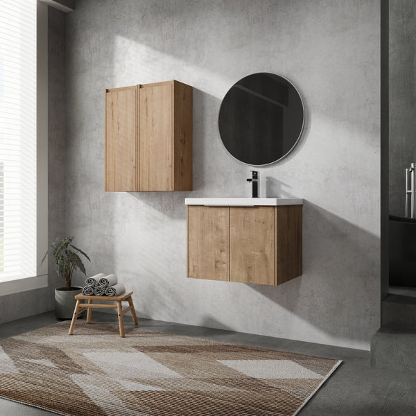 English Elm 24" Wall-Mounted Bathroom Vanity Set With Soft Close Doors, Resin Sink & Side Cabinets For Storage W999S00221